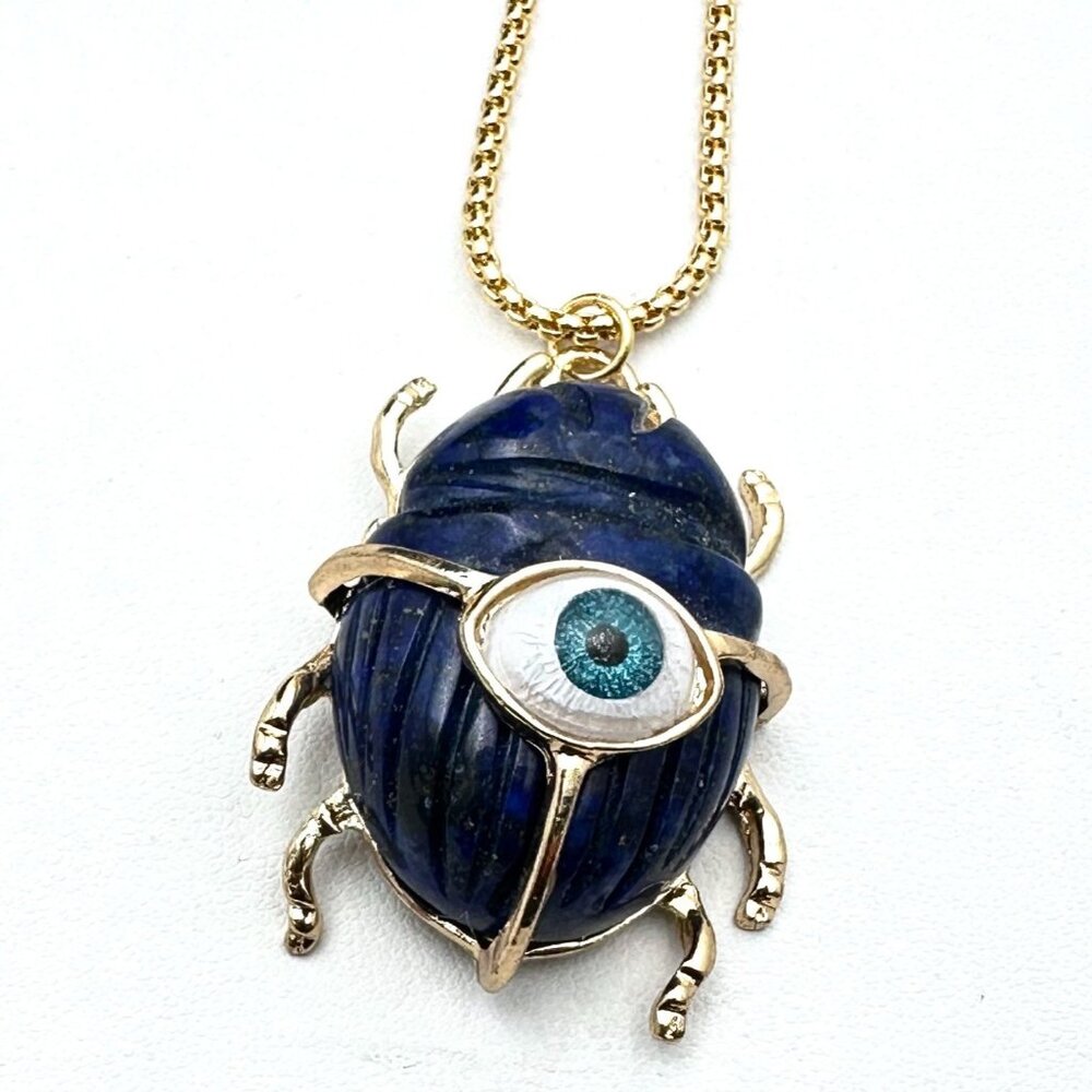 Evil Eye Necklace Blue Lapis Lazuli Gemstone Scarab Beetle Pendant Gold Plated